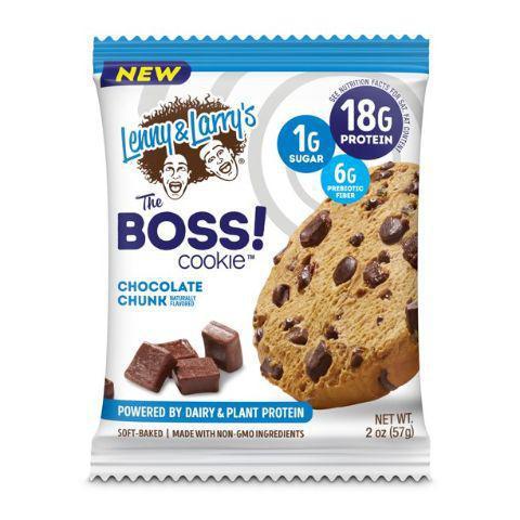 Lenny & Larry Boss Cookie Chocolate Chunk 2oz · Chocolate Chunk includes a unique blend of creamy chocolate chips and chunks to give this soft, chewy cookie a rich flavor that is sure to satisfy your sweet tooth. A convenient source of dairy and plant-based proteins. Loaded with 18g of protein, but with 1g of sugar, this cookie will show your hunger who's The BOSS!