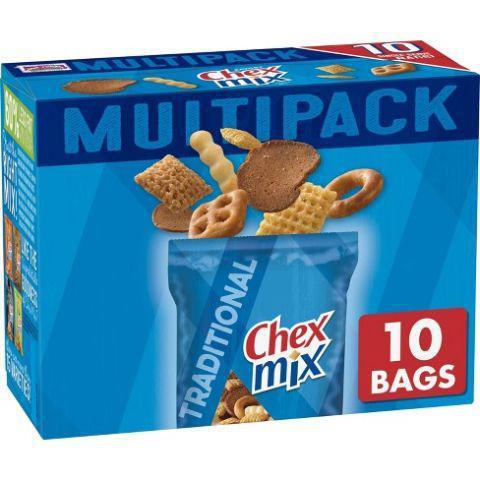 Chex Mix Traditional 10 Pack 1.75oz · The original Chex you love! It’s corn Chex, wheat Chex, pretzels, rye chips and mini breadsticks combined with a unique seasoning blend for a one-of-a-kind snack.