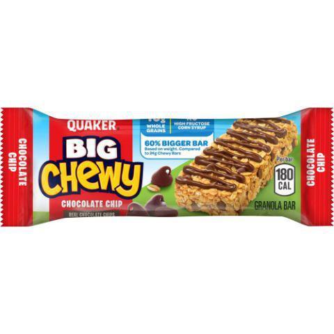 Quaker Big Chewy Chocolate Chip Granola Bar 1.48oz · Each bar is made with real chocolate chips, a satisfying chocolatey drizzle, 16g of whole grains and no artificial preservatives, artificial flavors or added colors.