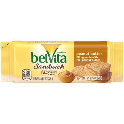 BelVita Peanut Butter Sandwich 1.76oz · Peanut Butter. With a smooth creamy layer of peanut butter sandwiched between two wholesome breakfast biscuits, belVita Sandwich Peanut Butter Breakfas