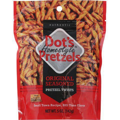 Dot's Original Seasoned Pretzels 5oz · Pretzel twists dusted with an original, top-secret seasoning blend. Each pretzel twist envelopes your taste buds in a delightful swirl of buttery, sweet, and spicy tang in each bite!