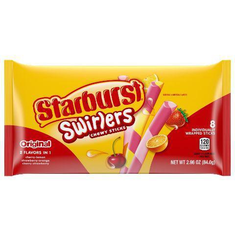 Starburst Swirlers Candy Sticks 2.96oz · A delicious twist on the classic Starburst flavours you love. Individually wrapped candy sticks in cherry-lemon, strawberry-orange, and cherry-strawberry flavors.