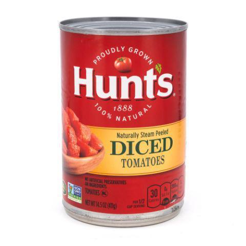 Hunts Diced Tomatoes 14.5oz · Hunt's vine-ripened tomatoes are peeled, diced, and ready to go. No compromise, Hunt's Diced Tomatoes are 100% natural, with no artificial preservatives.
