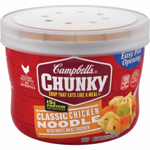 Campbell's Chunky Chicken Noodle Soup 15.25oz · Like it chunky? Then here's the soup for you, featuring big bold flavors, antibiotic-free chicken, thick-cut veggies, and hearty egg noodles.