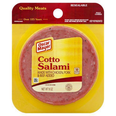 Oscar Mayer Cotto Salami 8oz · Oscar Mayer Cotto Salami is made with quality meat and packed with flavor. Add it to your favorite sandwich or enjoy by itself for a quick and tasty snack.