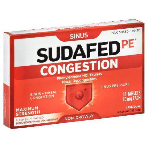 Sudafed PE Congestion 18 count · SUDAFED PE® Sinus Congestion Maximum strength sinus decongestant for fast, yet powerful relief from sinus pressure & nasal congestion. Each caplet contains phenylephrine HCl decongestant for effective, non-drowsy symptom relief
