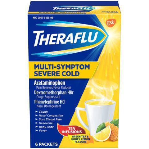 Theraflu Multi Symptom Severe Cold TeaInf 6 Count · Combining the great taste of Green Tea and Honey Lemon Flavors with severe cold medicine, Theraflu Multi-Symptom Severe Cold Hot Liquid Powder is a powerful treatment to help tackle your worst cold and flu symptoms.