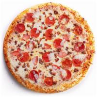 Large Pizza - 7 Meat · Large Oven-baked fast our extreme meat pizza is topped with 100% whole milk Real® Mozzarella...