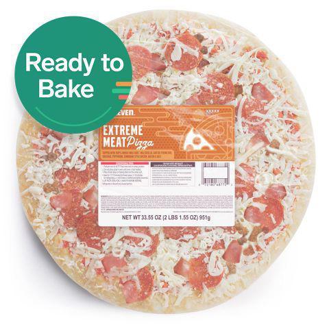 Ready to Bake Pizza - 7 Meat · Heat & eat Extreme Meat Pizza is topped with 100% Real® Mozzarella Canadian bacon beef and bacon crumble and zesty, thick sliced pepperoni. Product comes uncooked and should be baked at 325 degrees F. for 17 – 20 minutes.  Ensure internal temperature is 165F