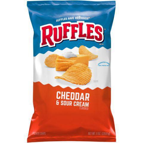 Ruffles Cheddar & Sour Cream 8oz · Combination of a mild sharpness of real cheddar cheese with zesty sour cream to produce a unique and bold flavor.