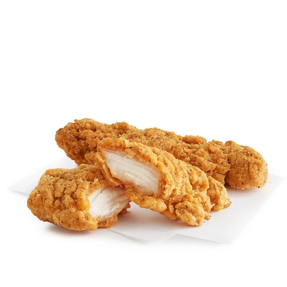 Chicken Strips 2 Count · The savory chicken strip features flavors of a golden roasted chicken seasoned with onion, garlic, 4 different peppers, and other savory spices in a crunchy crispy breading