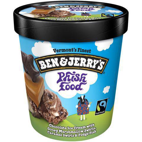 Ben & Jerry's Phish Food Pint · Decadent chocolate ice cream with gooey marshmallow swirls, caramel swirls, and fudge fish. Now there's nothing phishy about that!