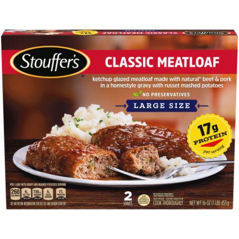 Stouffers Meatloaf & Mashed Potatoes with Gravy 16oz · This sweet and savory ketchup-glazed meatloaf is in a homestyle gravy with russet mashed potatoes