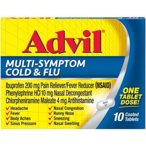 Advil Multi Symptom Cold & Flu 10 Count · Combat all of your cold and flu symptoms with just one pill. Formulated with a combination of three active ingredients to help you power through sickness when it strikes.