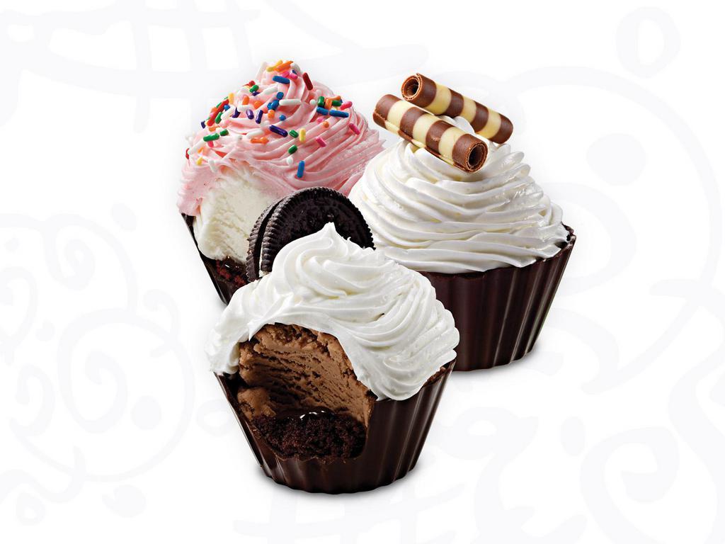 Variety 6-Pack (2 of Each Flavor) · Two of each flavor Cake Batter ice cream with red velvet cake, Chocolate ice cream with moist devil's food cake, and Sweet Cream ice cream with yellow cake all in Belgian chocolate cups.