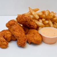 CLASSIC TENDERS & FRIES · 4 pieces. Chicken breast tenders served with a side fries and spicy mayo.