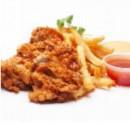 FRIED CHICKEN & FRIES · Crispy boneless chicken thigh served with a side of fries and spicy mayo.