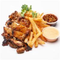 ROASTED CHICKEN & FRIES · Boneless roasted chicken thigh served with a side of fries and spicy mayo.