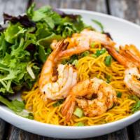 Grilled Shrimp Garlic Noodles · Grilled shrimp, wheat noodles drenched in secret sauce, topped with parmesan cheese and gree...