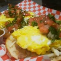 MOLLETES  · Torta bun cuted by the half topped whit refried beans melted cheese, three eggs (your way:sc...