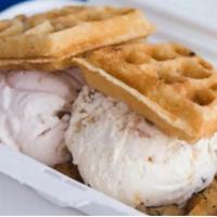Daddy Mac Waffle · Whole waffle ice cream sandwich with your choice of ice cream.