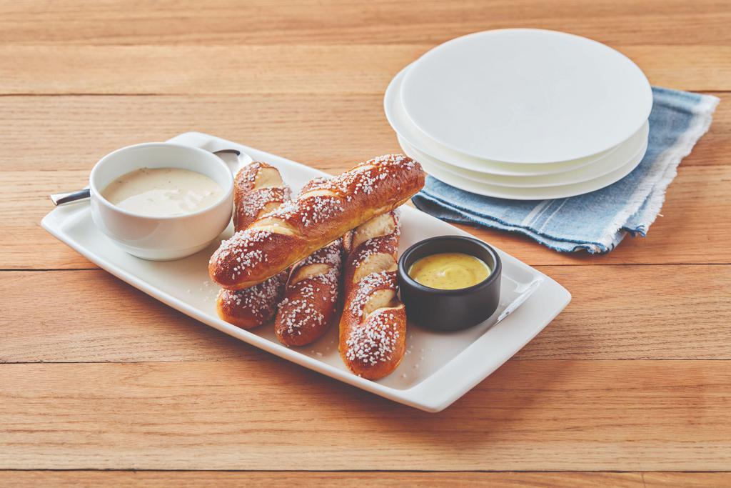 Brew Pub Pretzels and Beer Cheese Dip · Blue Moon white cheddar cheese dip and honey Dijon mustard.