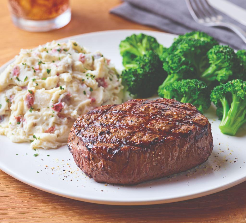 8 oz. Top Sirloin · Lightly seasoned USDA Select top sirloin cooked to perfection and served hot off the grill. Served with your choice of two sides. Gluten-sensitive.