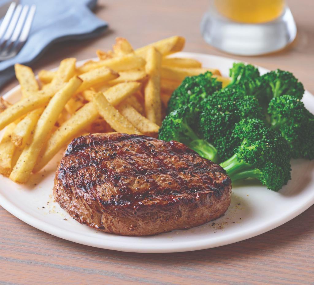 6 OZ. Top Sirloin · Lightly seasoned USDA choice top sirloin cooked to perfection. Served with 2 sides.
