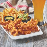 Chicken Tenders Platter · Crispy breaded chicken tenders are a grill and bar classic. Served with fries, slaw and hone...