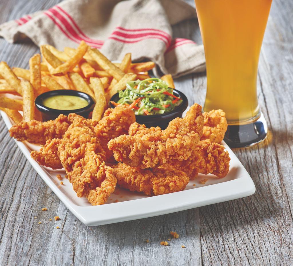 Chicken Tenders Platter · Crispy breaded chicken tenders are a grill and bar classic. Served with fries, slaw, and honey Dijon mustard. Our chicken is farm-raised in the USA with no added hormones. Use of hormones is prohibited by law.
