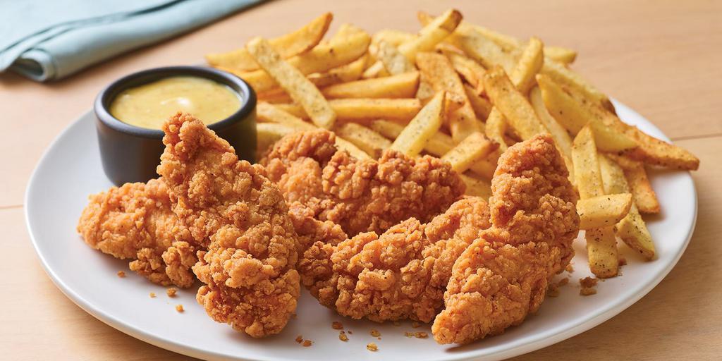 Chicken Tenders Plate · Crispy breaded chicken tenders are a grill and bar classic. Served with fries and honey Dijon mustard. Our chicken is farm-raised in the USA with no added hormones. Use of hormones is prohibited by law.