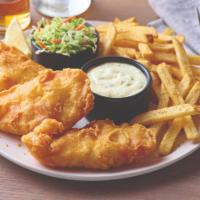 Hand-Battered Fish & Chips · Golden, crispy-battered fish fillet with fries. Comes with our signature coleslaw, tartar sa...