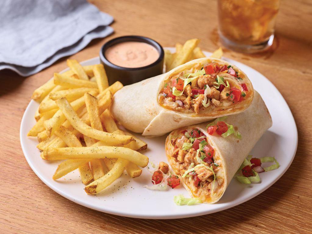 Chicken Fajita Rollup · Juicy chipotle chicken with crisp lettuce, blend of Cheddar cheeses and house-made pico wrapped in a tortilla with our Mexi-ranch dipping sauce.  Served with fries.
