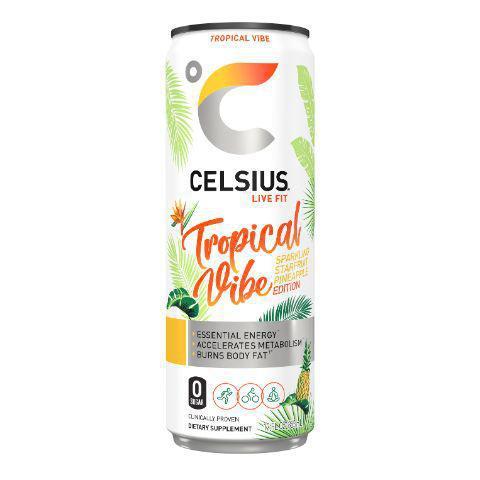 Celsius Tropical Vibe 12oz · Get your pre-workout drink that's a refreshing alternative to coffee with zero sugars and zero preservatives.