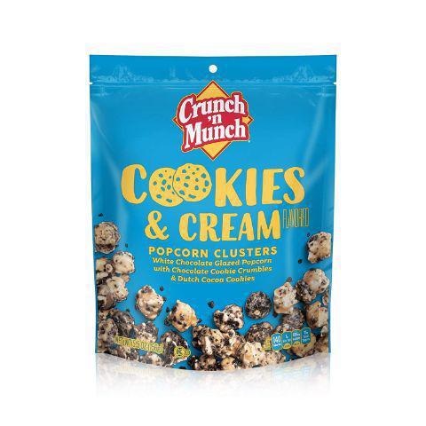 Crunch ‘n Munch Cookies & Cream Flavored Popcorn Clusters 5.5oz · Great for movie nights, parties, or a sweet afternoon snack, these glazed treats serve up your favorite fun flavors in one totally crunchable bite-sized snack. White chocolate glazed popcorn with chocolate cookie crumbles and cutch cocoa cookies.
