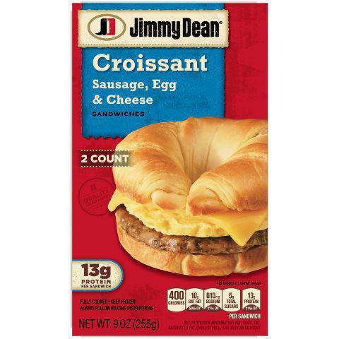 Jimmy Dean Sausage Egg Croissant 2 Pack · It has a tasty sausage patty with a fried egg and even a slice of cheese. All this is wrapped in a flaky croissant, making this an almost perfect breakfast