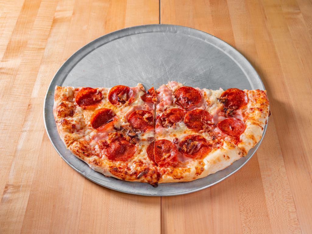 Meat Head Pizza · 100% whole milk mozzarella, san marzano tomato sauce, mozzarella, pepperoni, Italian sausage, Canadian bacon