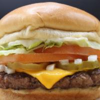 Cheeseburger · Burger patty with fresh lettuce, onions, tomatoes, pickles, cheese, ketchup, mustard and may...