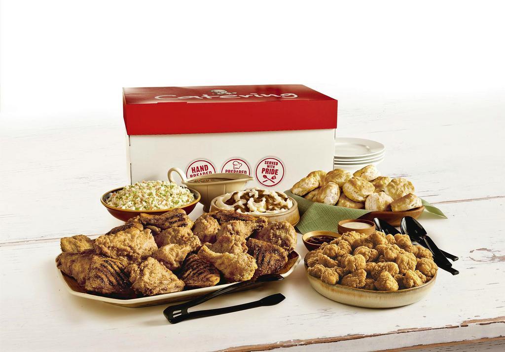 25 pc. Chicken & Popcorn Nuggets Buffet Meal · Serves 10 - 15. 25 pieces of chicken available in Original Recipe, Extra Crispy, Kentucky Grilled, 1 Tray of Popcorn Nuggets, two 48 oz sides, and 15 biscuits.