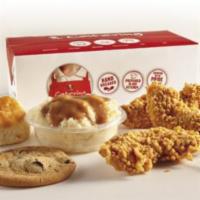 3 pc. Tenders Meal · Includes 3 Extra Crispy Tenders, an individual side, biscuit, and chocolate chip cookie.