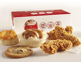 3 pc. Tenders Meal · Includes 3 Extra Crispy Tenders, an individual side, biscuit, and chocolate chip cookie.