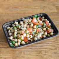 Chickpea Salad · Chickpeas, tomatoes, Italian parsley, lemon juice, garlic, and organic extra virgin olive oi...