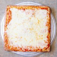Sicilian Style Pizza · Thick crust square pizza with tomato sauce, mozzarella and basil.