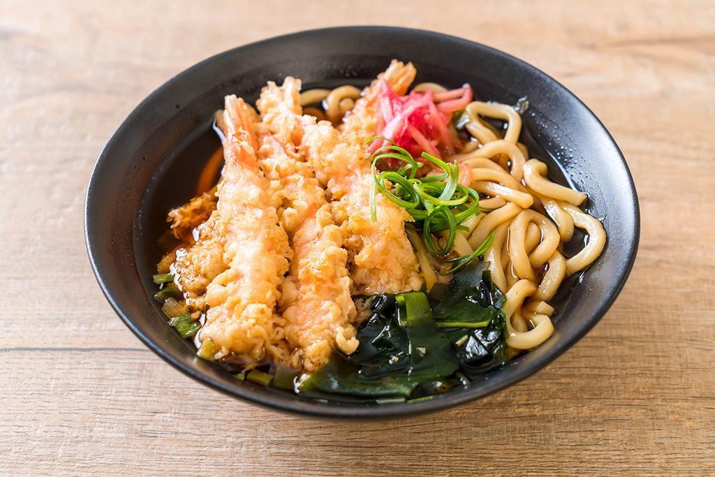 U#(A) Shrimp Tempura Udon  · Shrimp tempura, wakame, Naruto, Atsuyaki Tamago, scallions and nori with special dashi broth