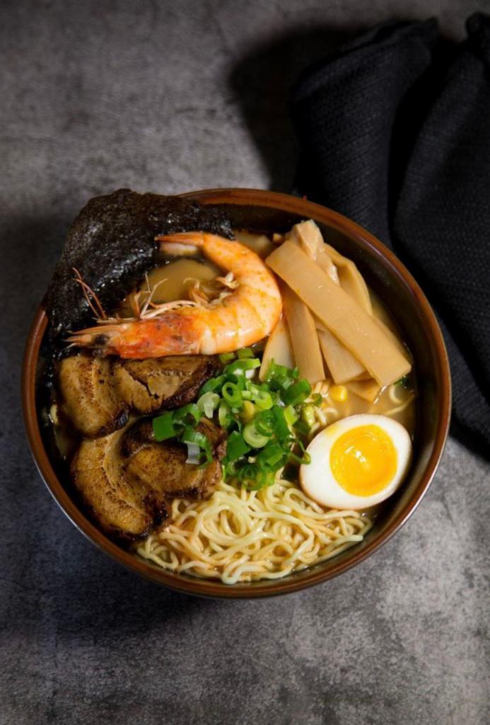 #3 Pork & Shrimp Ramen · Chashu pork, shrimp, 1/2 marinated egg, bamboo shoots, corn, wakame, scallions and nori.