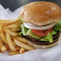 #45. DOUBLE MEAT BURGER & FRIES ADD CHEESE $1 · DOUBLE ANGUS MEAT, LETTUCE,TOMATOES, ONIONS,PICKLES, ON TOASTES BUN ADD CHEESE $1