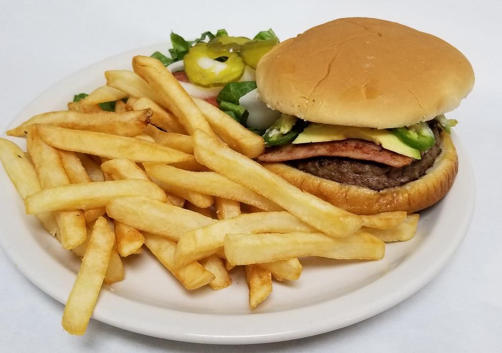 #46. THE TEXICAN BURGER & FRIES ADD CHEESE $1 · ANGUS PATTY,AVOCADO,HAM,JALAPENO, LETTUCE, TOMATOES,ONIONS,PICKLES ON TOASTED BUN ADD CHEESE$1