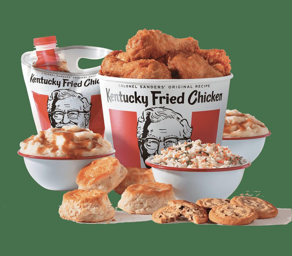 10 Piece Feast · 10 pieces of our freshly prepared chicken, available in Original Recipe or Extra Crispy, 2 large mashed potatoes, a gravy, a large cole slaw, 4 biscuits, a beverage bucket, and 4 cookies.