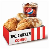 3 pc. Chicken Combo · 3 pieces of chicken available in Original Recipe,  1 side of your choice, biscuit, and a med...