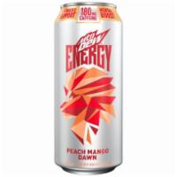 MTN DEW ENERGY Peach Mango Dawn 16oz · Provides immune support and mental boost. 180 mg of caffeine. Peach Mango Dawn flavor.